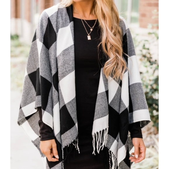 Pink Lily Sweaters - So Beautiful Tonight White Plaid Poncho
